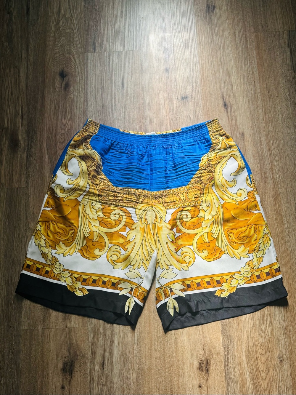 Versace Blue and Gold Baroque Athletic Shorts